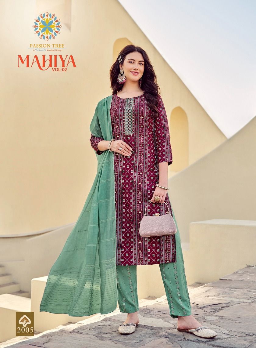 Mahiya Vol 2 By Passion Tree Rayon Gold Printed Kurti With Bottom Dupatta Wholesale Online